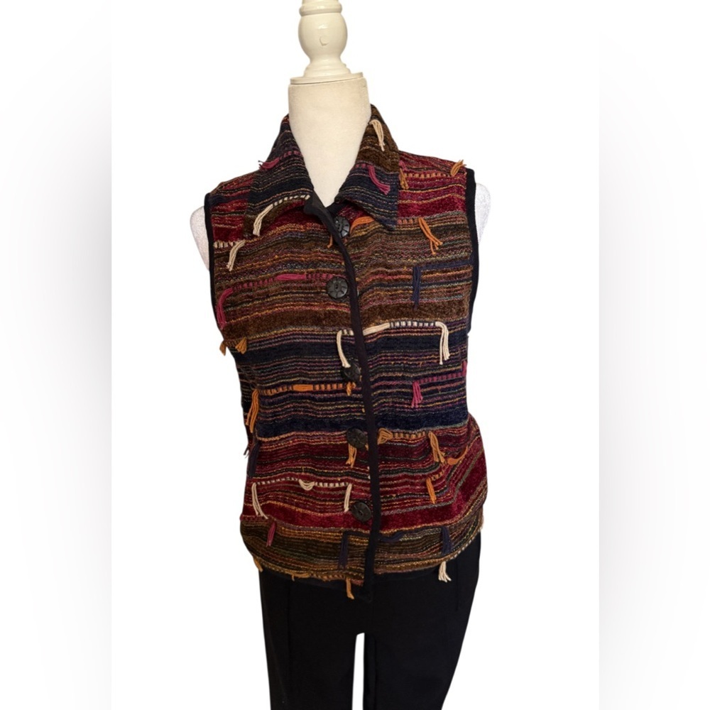 dressbarn Multicolor Striped Tassel Button Vest — Burgundy, Navy, Olive, Tan